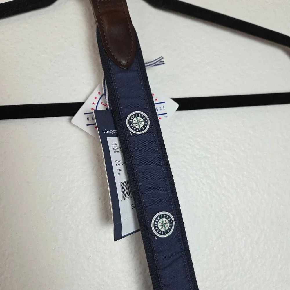 Vineyard Vines Seattle Mariners Canvas Leather‎ Belt MLB Brass Buckle
